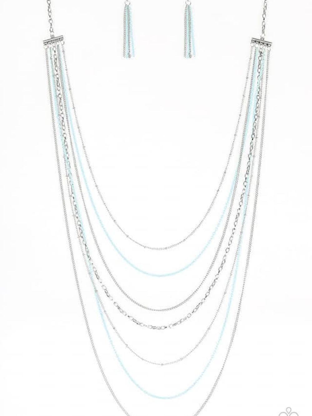 Multi-Strand Silver and Light Blue Layered Necklace with Matching Earrings